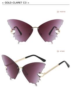 Detail of rimless butterfly sunglasses with gradient purple lenses and gold metal temples