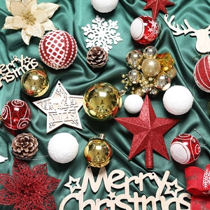 Christmas tree decoration set with red plaid balls, wood ornaments and gold stars