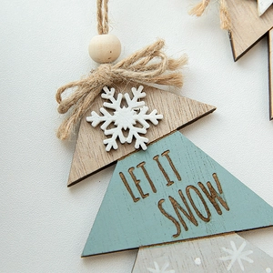 Wooden Christmas tree pendant with Let It Snow engraving and natural hemp rope hanger