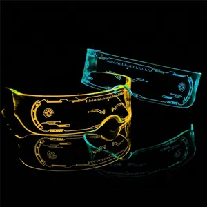 Cyberpunk LED glowing glasses with orange and blue lights and circuit patterns
