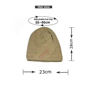 Size specifications for khaki knit beanie showing 28cm height and adjustable circumference