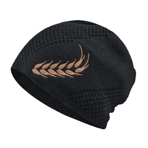 Warm winter knit beanie for men with wheat embroidery and fleece lining in black color