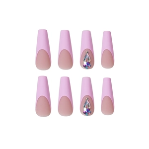 Unghie finte ballerina rosa pesca francesi opache con strass floreali e design lungo