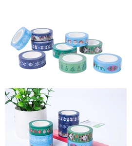 Macro detail of Christmas washi tape set featuring Santa and snowman patterns