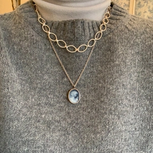 Vintage 925 silver double-layered twist chain necklace with oval portrait pendant