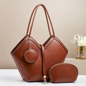 Brown leather tote bag three-piece set with V-shaped opening and gold metal details