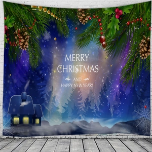 Detail of Christmas wall tapestry featuring a snowy cabin under a starry night sky