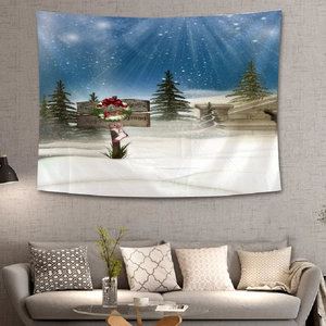 Tenture murale de Noël avec scène d'hiver enneigée, couronnes rouges et sapins décoratifs