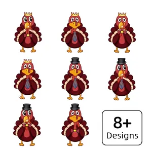 Cartoon Thanksgiving turkey stickers set with 8 diverse cute designs on white background