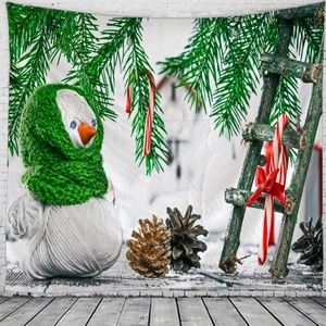 Detailed view of Christmas tapestry with creative snowman, pine branches and wooden ladder