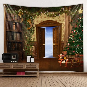 Detail of Christmas tapestry with festive bookshelf, archway, and holiday tree decor
