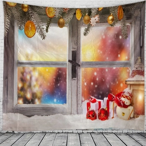Christmas wall tapestry with snowy window scene and festive decorations for home decor