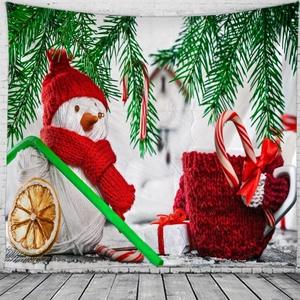 Christmas tapestry featuring a cute snowman and festive mugs on a white brick wall