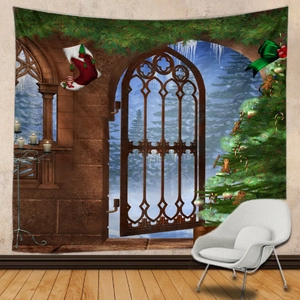 Christmas tree and gingerbread print tapestry hanging in a cozy wooden room background