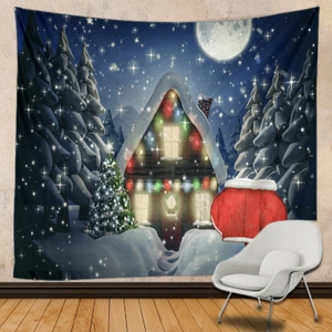 Christmas tapestry with winter cabin and starry night scenery hanging over a white chair
