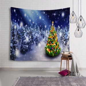 Detailed view of Christmas tree tapestry on wall with snowy forest digital printing
