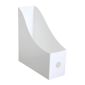 White plastic desktop file organizer box with side finger hole and curved front opening