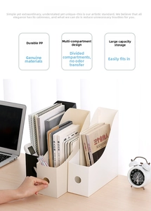 L-shaped desktop file organizers in black, beige, and white colors made of durable PP