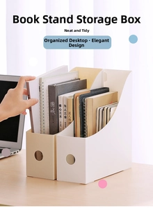 Detail view of white desktop file organizers with round handle holes and book storage