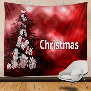 Close-up of festive Christmas wall tapestry with red creative tree print and snowman details