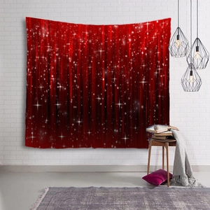 Detail of red Christmas tapestry with white star patterns on white brick wall background
