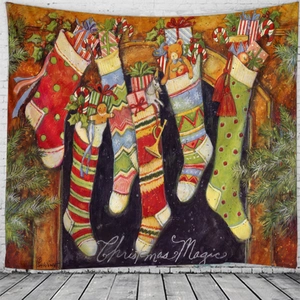 Detail of Christmas tapestry showing festive stockings filled with gifts on a brick wall