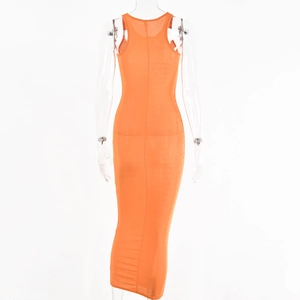 Rear view of sleek orange sleeveless slim fit midi dress on a transparent mannequin