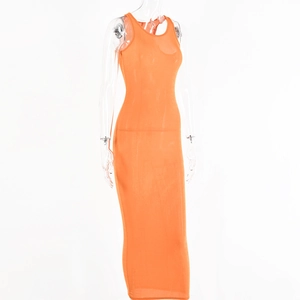 Detail view of the seamless stitching on an orange sleeveless slim fit long dress
