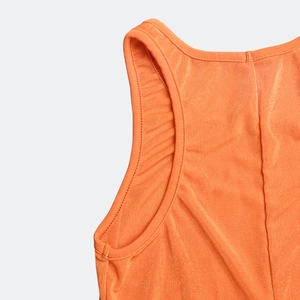 Detail of orange satin strap and neckline with high-quality stitching and glossy finish