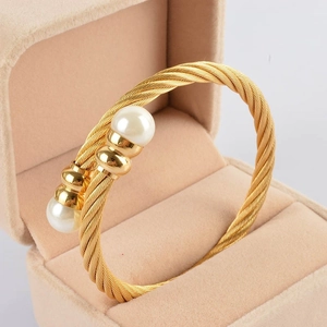 Twisted Cable Wire Open Cuff Bangle Stainless Steel With Imitation Artificial Pearl Elegant Fashion Bracelet Jewelry For Women