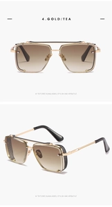 Detail view of gold metal square sunglasses with tea gradient lenses and textured mesh