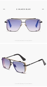 Detail view of retro square sunglasses featuring golden mesh side shields and gradient lenses