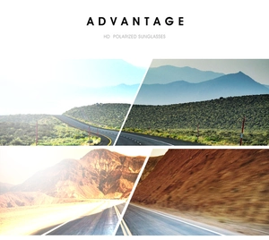 Visual comparison of HD polarized sunglasses lens reducing glare and enhancing road clarity