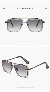 Close-up of black square sunglasses with gradient lenses and golden textured metal mesh edges