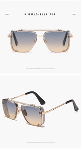 Close-up of gold metal frame square sunglasses with blue tea gradient lenses and mesh detail