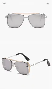 Detail of silver retro square sunglasses with gold metal mesh side shields and dual bridge