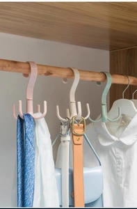 Detail of 360 degree rotating four claw hanger for organizing scarves belts and bags