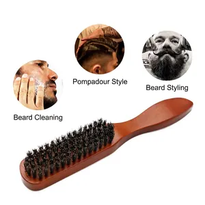 Men's boar bristle grooming brush with ergonomic wooden handle for hair and beard styling