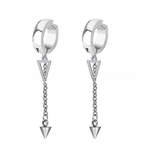 Detail of punk style stainless steel earrings with hollow triangle and spike pendant