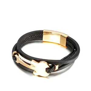 Bracciale Multistrato In Pelle Intrecciata Da Uomo Con Pendente Chitarra In Acciaio Inossidabile Chiusura Magnetica Punk