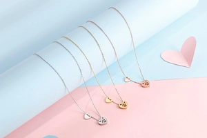 Dettaglio di collane a cuore in argento oro e oro rosa con ciondoli a zampa