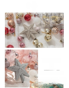 Detail of Christmas ornament set with silver glitter star tree topper and colorful baubles