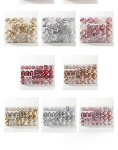 Macro shot of assorted Christmas tree ornaments in red, gold, and silver festive gift boxes