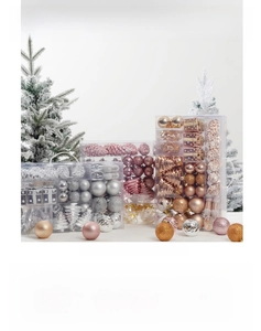 Close-up of a 70-piece Christmas ornament set with glossy, matte, and glitter ball finishes