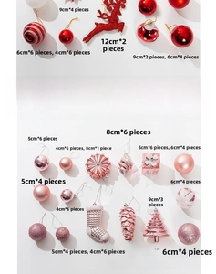 Close-up of 53pcs Christmas ball set with reindeer, stars and assorted ornaments
