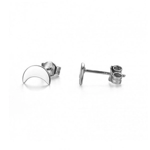 Macro shot of silver moon shaped stud earrings with butterfly backings and needles