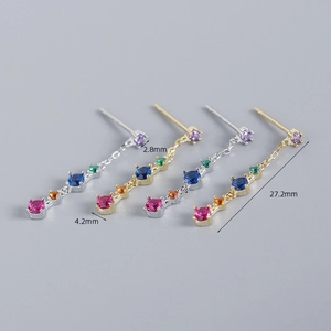 Elegant S925 sterling silver long dangle earrings with colorful zircon tassels and gold plating