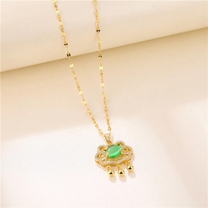 Golden opal longevity lock necklace with green gemstone and zircon pendant for women