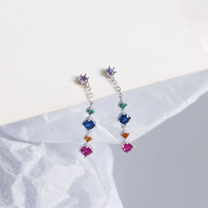 S925 sterling silver long drop earrings with vibrant multi-colored zircon stones