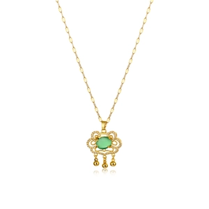 Golden Ruyi lock necklace with green opal stone and small bells on white background